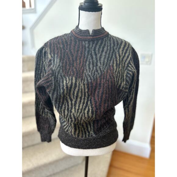 Bogner Wool & Mohair Blend Brown Metallic Zebra Print Sweater - Picture 1 of 8